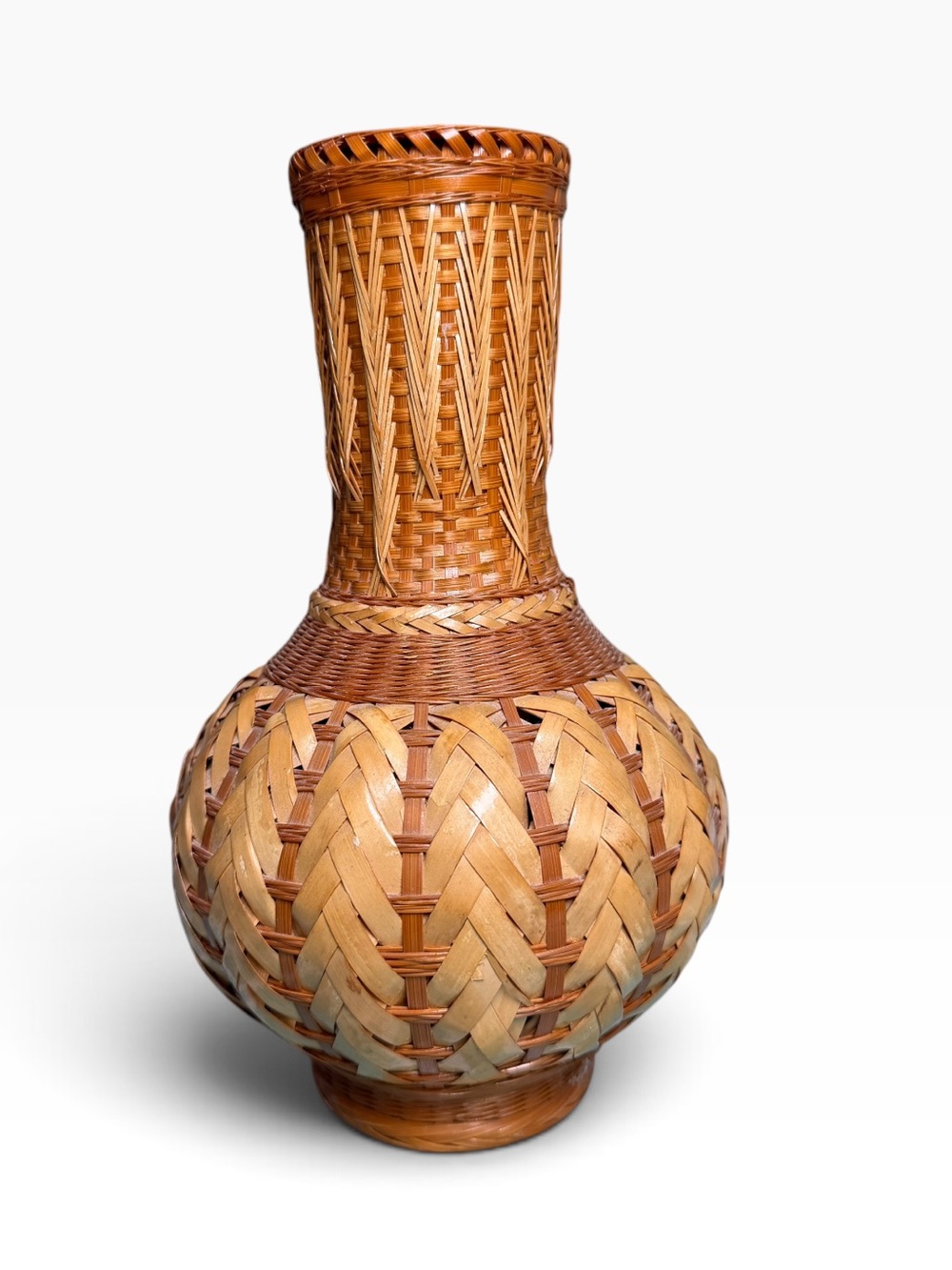 Vintage Shanghai Handicrafts Woven Bamboo Rattan Vase Chinese Boho Coastal Decor